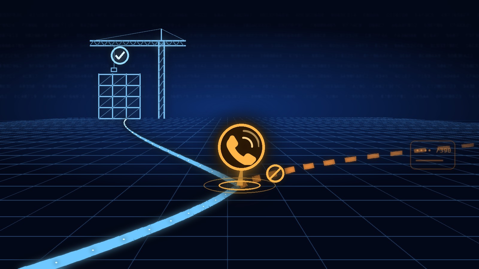 Payment path on a blueprint grid splitting at a verification phone call: one route leads to the real supplier’s construction site, the other to a fraudulent bank account